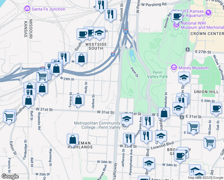 map of restaurants, bars, coffee shops, grocery stores, and more near 2932 Madison Avenue in Kansas City