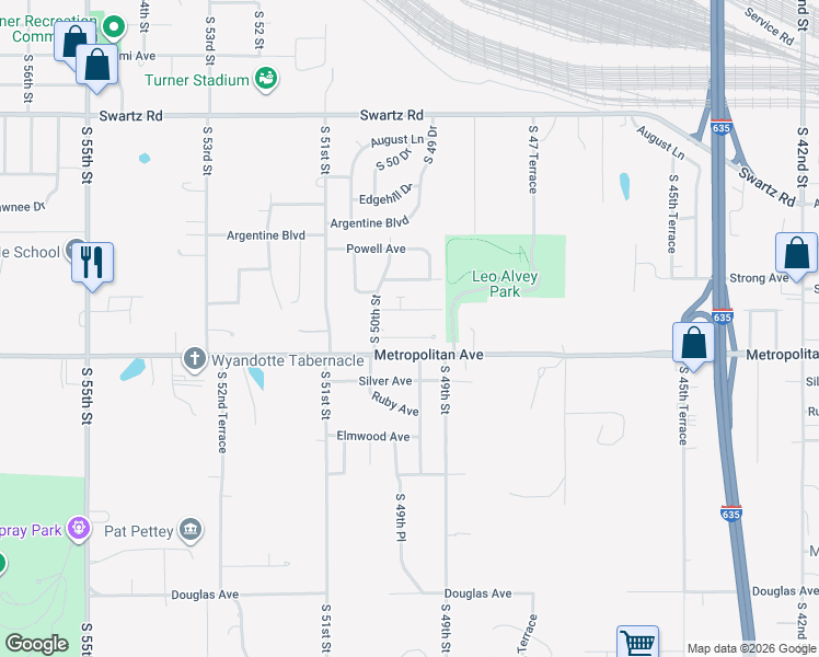 map of restaurants, bars, coffee shops, grocery stores, and more near 4915 Dixie Court in Kansas City