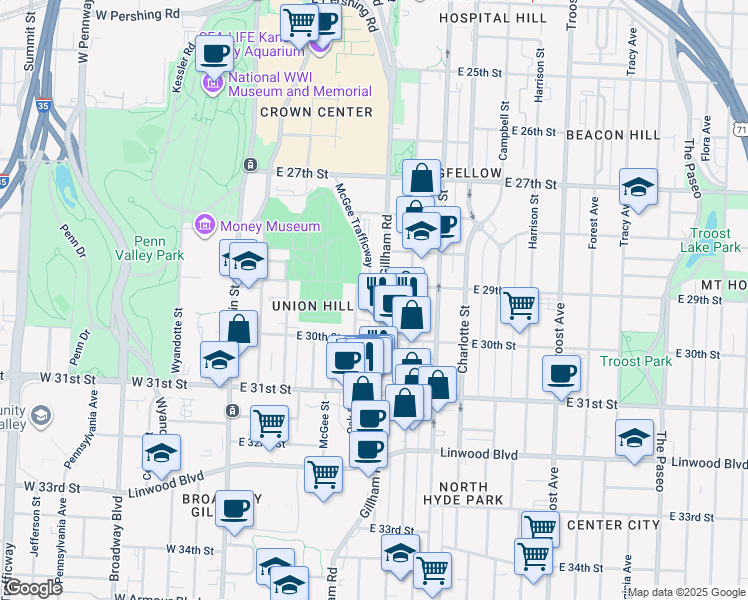 map of restaurants, bars, coffee shops, grocery stores, and more near 2929 McGee Trafficway in Kansas City
