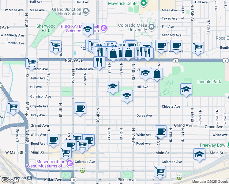 map of restaurants, bars, coffee shops, grocery stores, and more near 830 Gunnison Avenue in Grand Junction