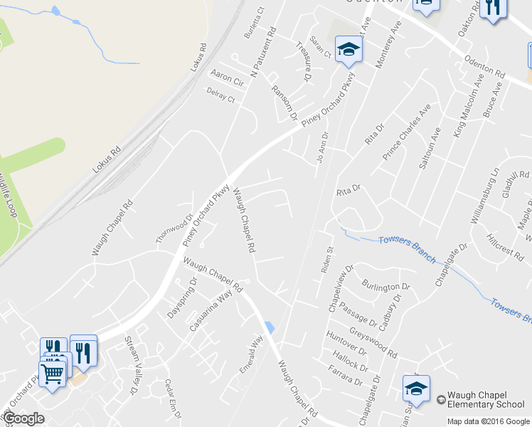 map of restaurants, bars, coffee shops, grocery stores, and more near 608 Old Waugh Chapel Road in Odenton