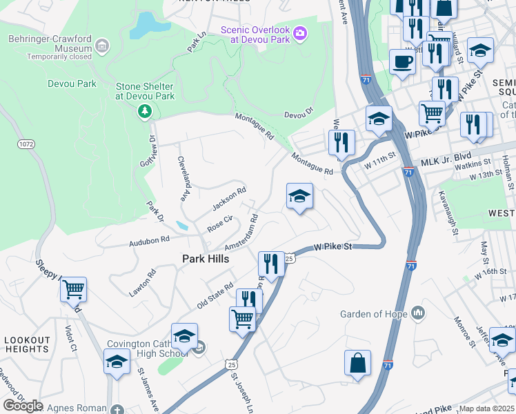 map of restaurants, bars, coffee shops, grocery stores, and more near 1005 Parkvale Court in Park Hills