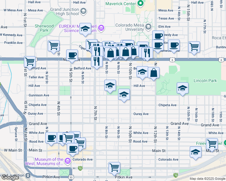 map of restaurants, bars, coffee shops, grocery stores, and more near 830 Gunnison Avenue in Grand Junction