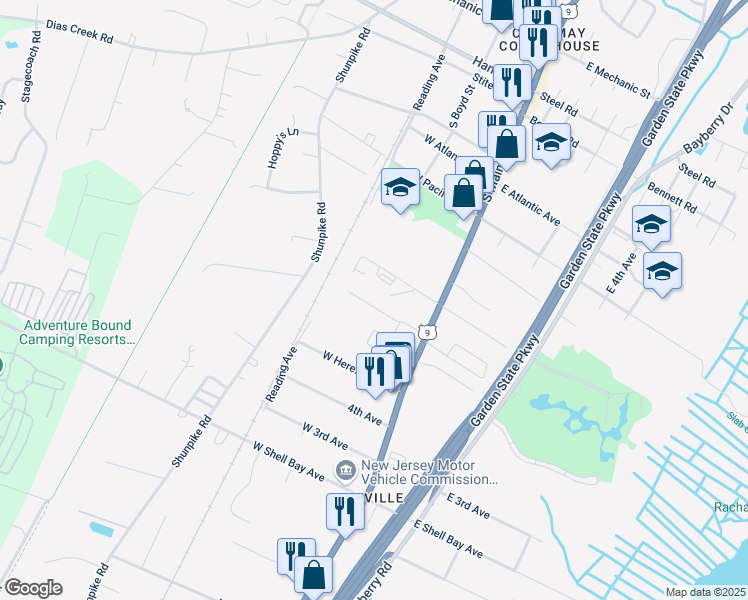 map of restaurants, bars, coffee shops, grocery stores, and more near 165 Lee Lane in Cape May County