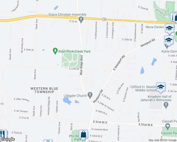 map of restaurants, bars, coffee shops, grocery stores, and more near 2701 South Brookside Avenue in Independence