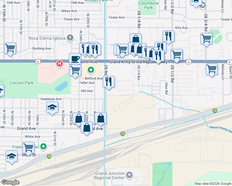 map of restaurants, bars, coffee shops, grocery stores, and more near 471 West Niagara Circle in Grand Junction