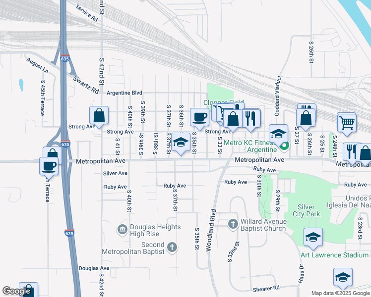 map of restaurants, bars, coffee shops, grocery stores, and more near 3504 Metropolitan Avenue in Kansas City