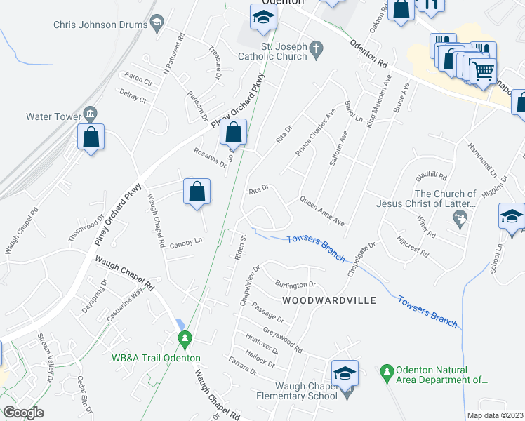 map of restaurants, bars, coffee shops, grocery stores, and more near 1245 Roundtop Road in Odenton