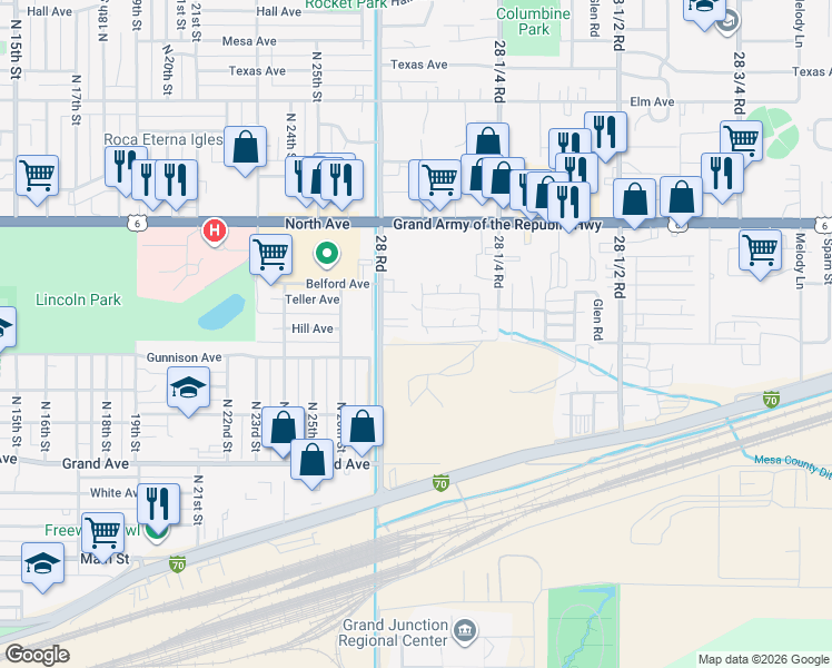 map of restaurants, bars, coffee shops, grocery stores, and more near 471 West Niagara Circle in Grand Junction