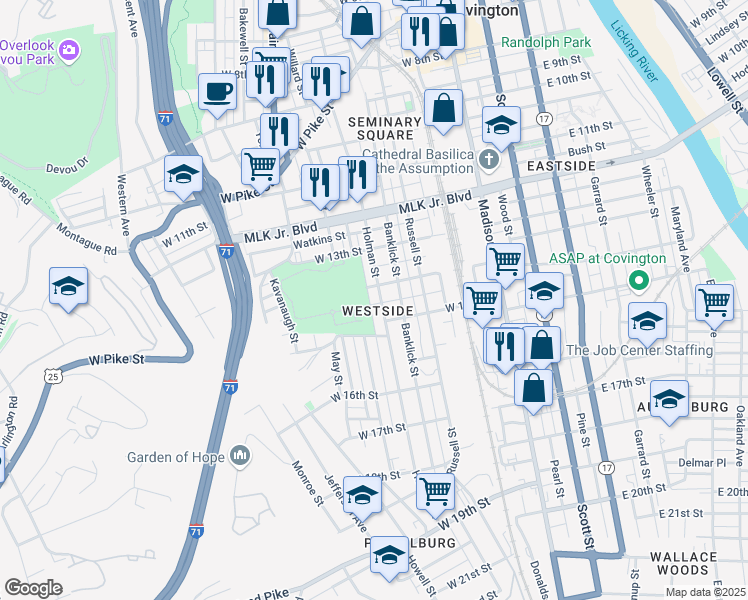 map of restaurants, bars, coffee shops, grocery stores, and more near 1435 Holman Street in Covington