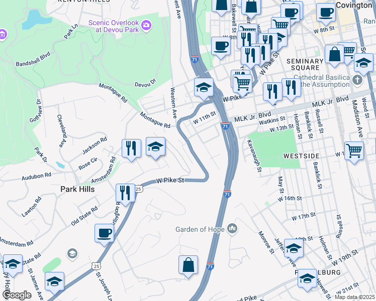 map of restaurants, bars, coffee shops, grocery stores, and more near 1239 West Pike Street in Covington