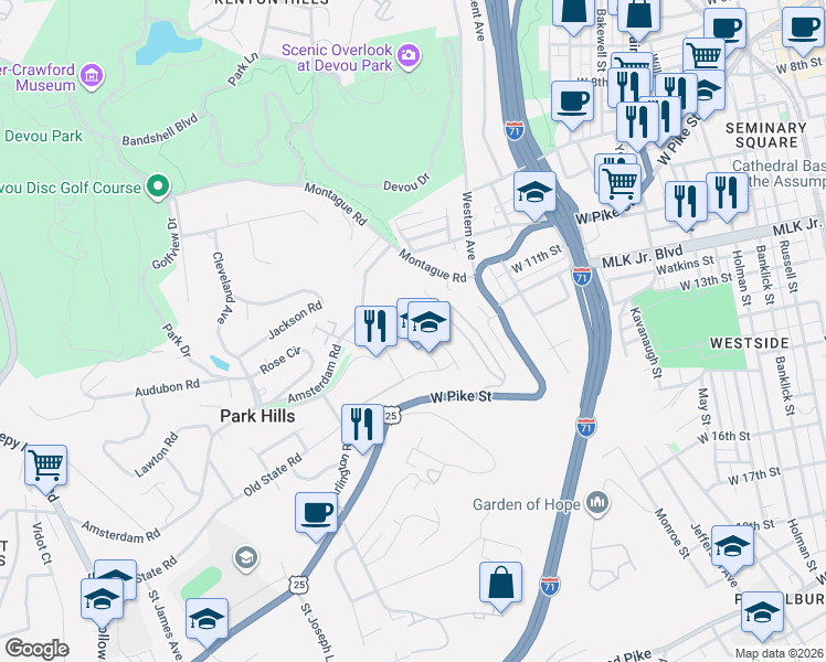 map of restaurants, bars, coffee shops, grocery stores, and more near 1163 Vistapointe Drive in Park Hills