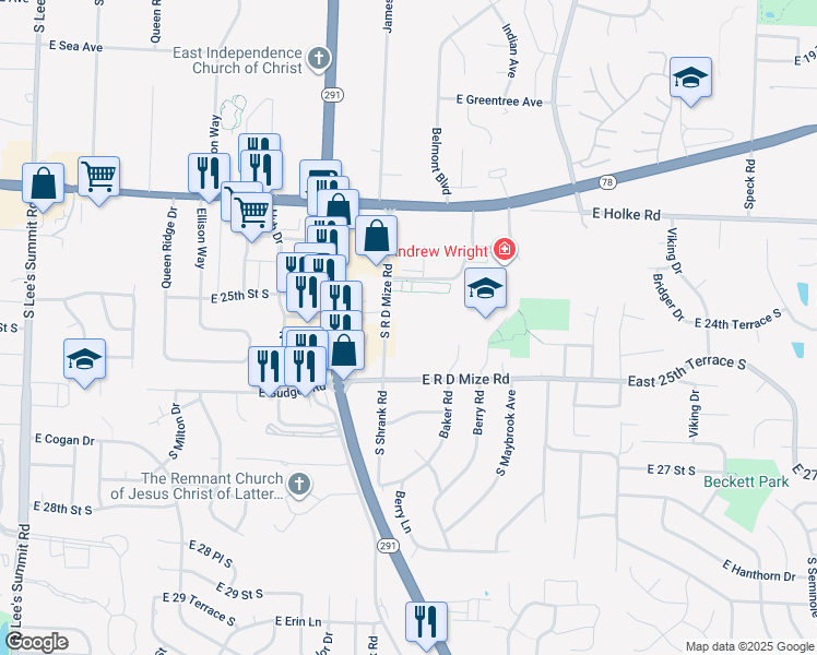 map of restaurants, bars, coffee shops, grocery stores, and more near 17008 East R D Mize Road in Independence