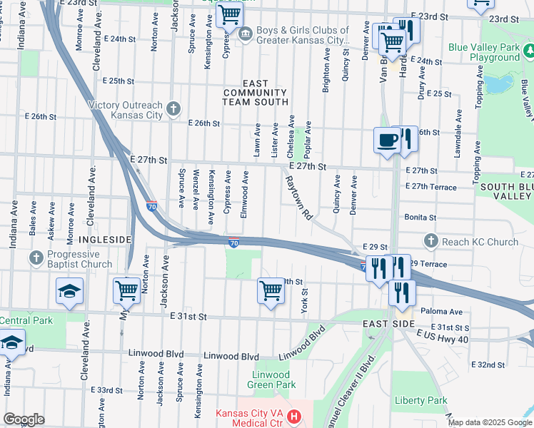 map of restaurants, bars, coffee shops, grocery stores, and more near 2820 Lister Avenue in Kansas City