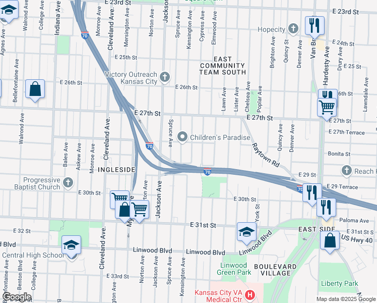 map of restaurants, bars, coffee shops, grocery stores, and more near 2829 Kensington Avenue in Kansas City
