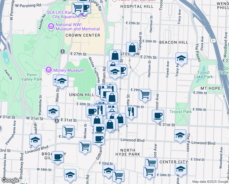 map of restaurants, bars, coffee shops, grocery stores, and more near 2923 Holmes Street in Kansas City