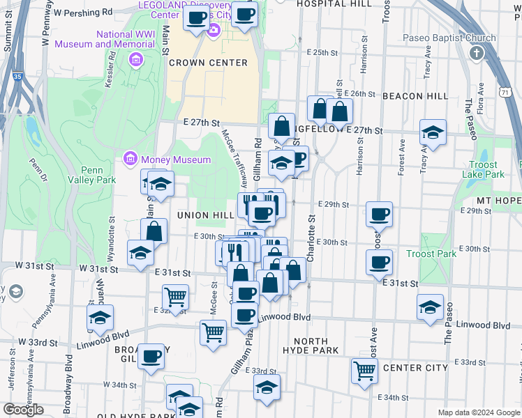 map of restaurants, bars, coffee shops, grocery stores, and more near 2924 Cherry Street in Kansas City