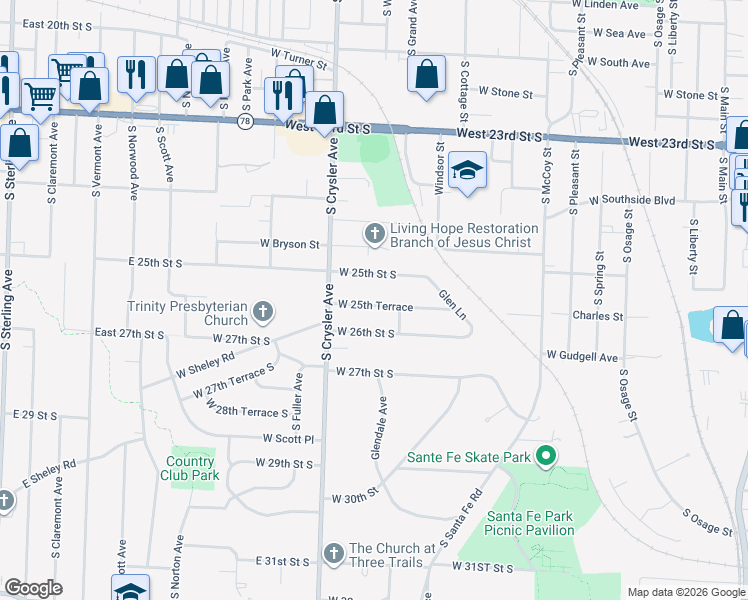 map of restaurants, bars, coffee shops, grocery stores, and more near 1213 West 25th Terrace in Independence