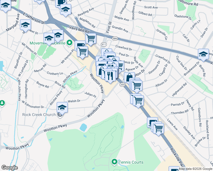 map of restaurants, bars, coffee shops, grocery stores, and more near 845 Rockville Pike in Rockville