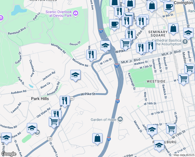 map of restaurants, bars, coffee shops, grocery stores, and more near 1239 West Pike Street in Covington