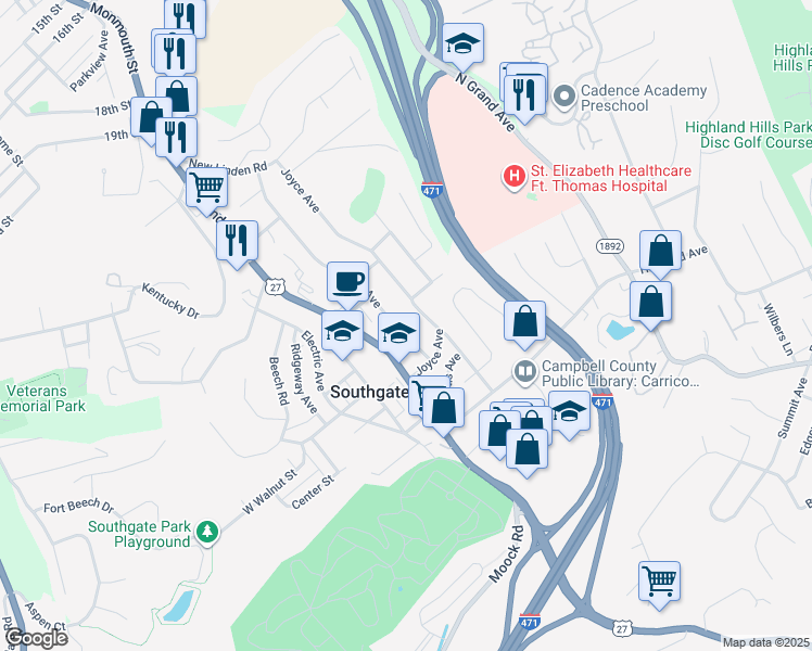 map of restaurants, bars, coffee shops, grocery stores, and more near 212 Linden Avenue in Southgate