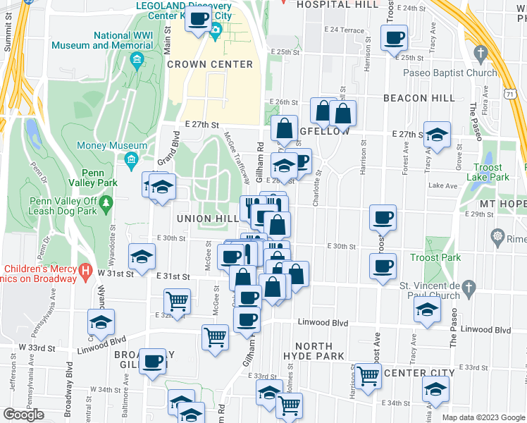 map of restaurants, bars, coffee shops, grocery stores, and more near 2924 Cherry Street in Kansas City