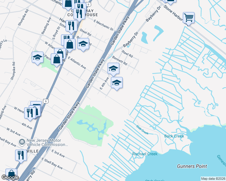 map of restaurants, bars, coffee shops, grocery stores, and more near 300 East Pacific Avenue in Middle Township