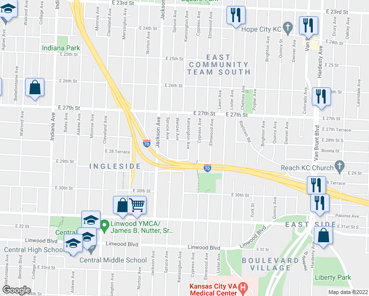 map of restaurants, bars, coffee shops, grocery stores, and more near 2812 Kensington Avenue in Kansas City