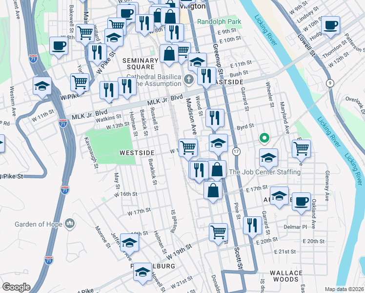 map of restaurants, bars, coffee shops, grocery stores, and more near 1511 Neave Street in Covington