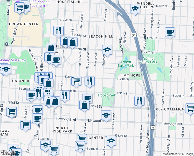 map of restaurants, bars, coffee shops, grocery stores, and more near 2918 Tracy Avenue in Kansas City