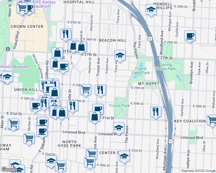 map of restaurants, bars, coffee shops, grocery stores, and more near 2918 Tracy Avenue in Kansas City