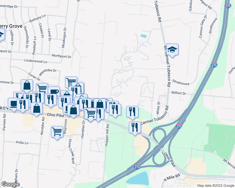 map of restaurants, bars, coffee shops, grocery stores, and more near 520 Ohio Pike in Cincinnati