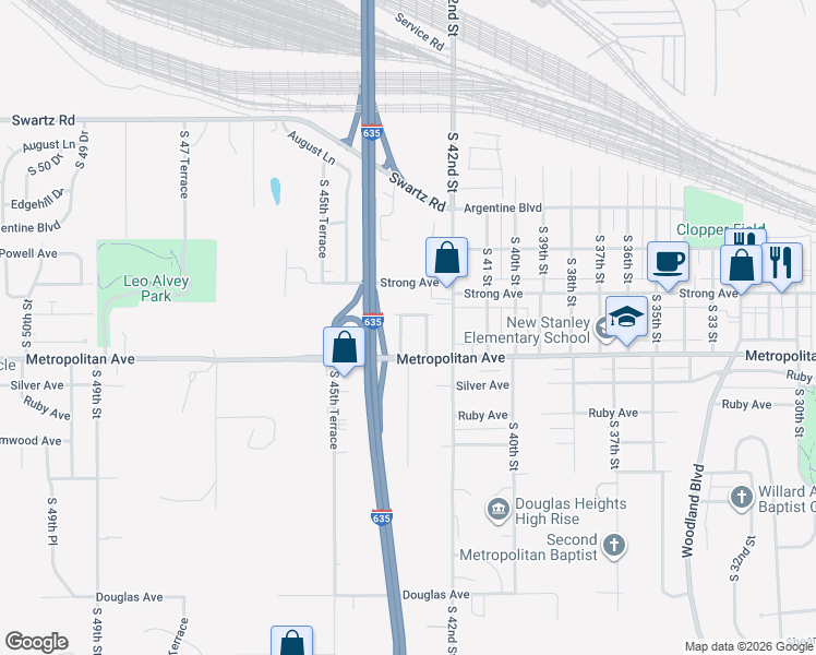 map of restaurants, bars, coffee shops, grocery stores, and more near 1448 South 43rd Street in Kansas City