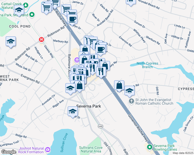 map of restaurants, bars, coffee shops, grocery stores, and more near in Severna Park