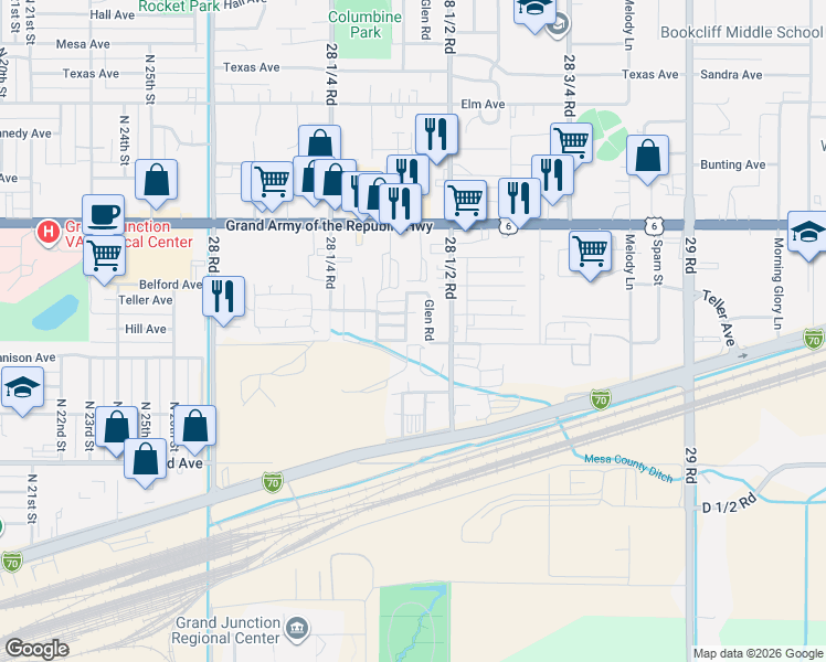 map of restaurants, bars, coffee shops, grocery stores, and more near 472-488 Willow Rd in Grand Junction