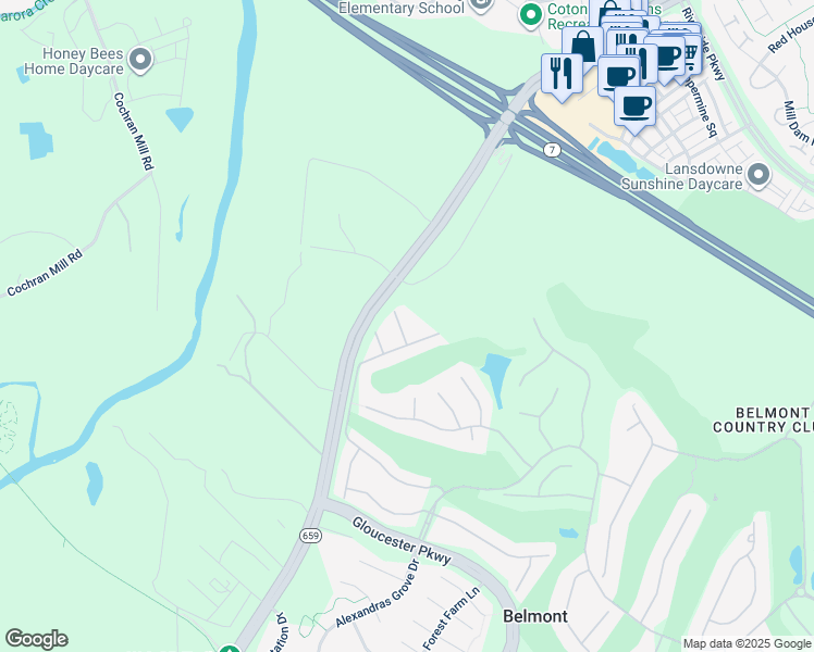 map of restaurants, bars, coffee shops, grocery stores, and more near 19592 Aspendale Square in Ashburn
