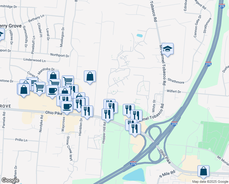 map of restaurants, bars, coffee shops, grocery stores, and more near 520 Ohio Pike in Cincinnati