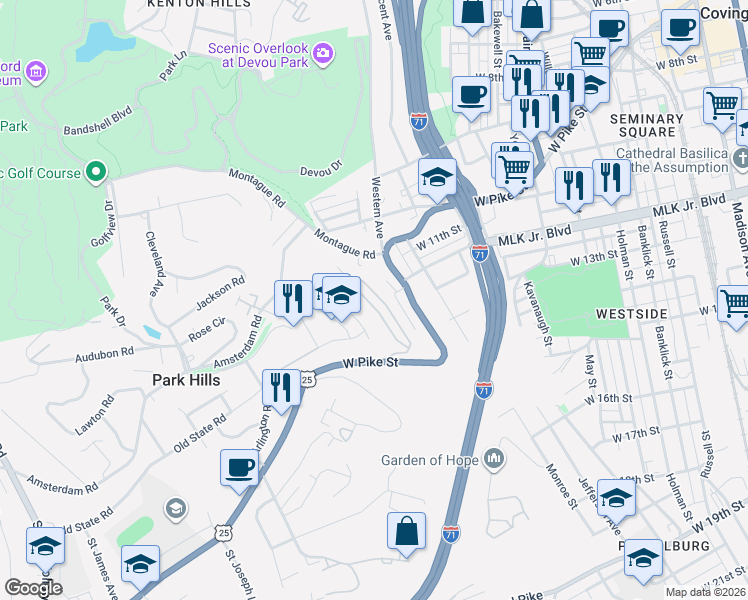 map of restaurants, bars, coffee shops, grocery stores, and more near 1211 Southgate Street in Covington
