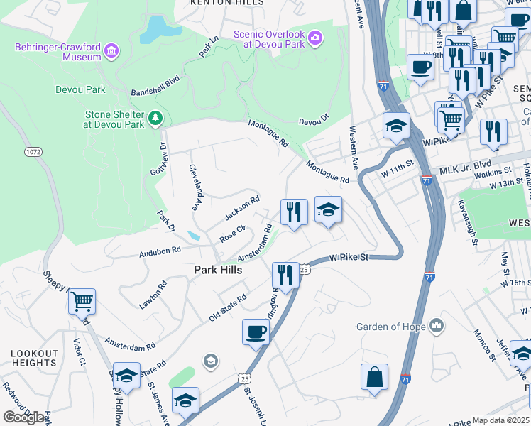 map of restaurants, bars, coffee shops, grocery stores, and more near 1064 Amsterdam Road in Park Hills