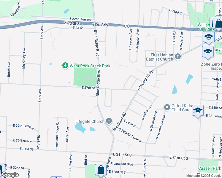 map of restaurants, bars, coffee shops, grocery stores, and more near 2707 South Glenwood Avenue in Independence