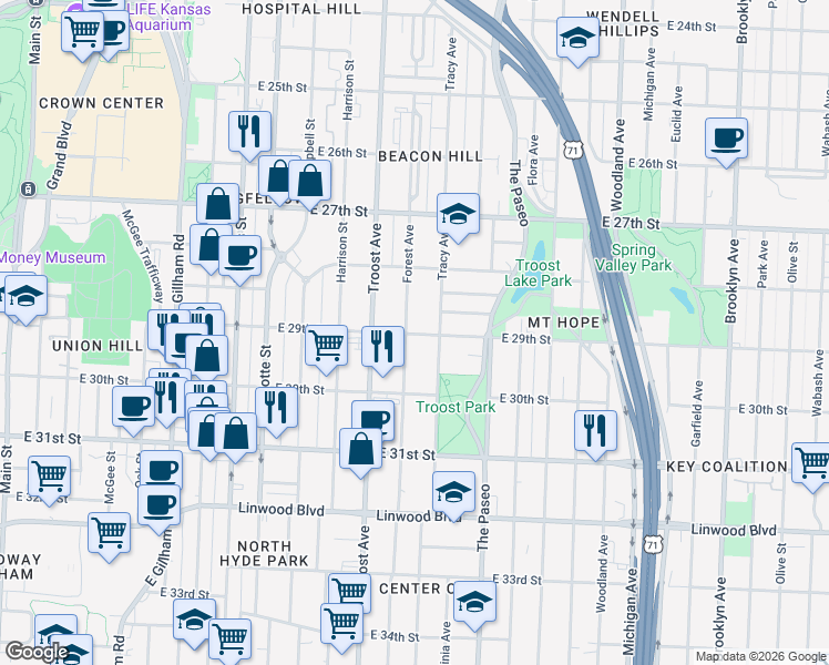 map of restaurants, bars, coffee shops, grocery stores, and more near 2918 Tracy Avenue in Kansas City