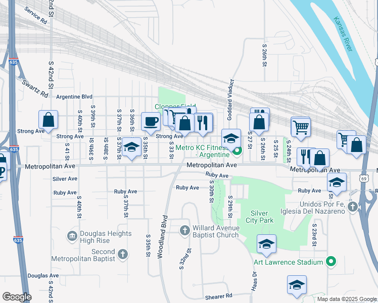 map of restaurants, bars, coffee shops, grocery stores, and more near 3101 Connor Street in Kansas City
