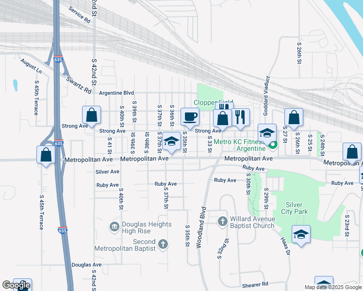 map of restaurants, bars, coffee shops, grocery stores, and more near 3504 Metropolitan Avenue in Kansas City