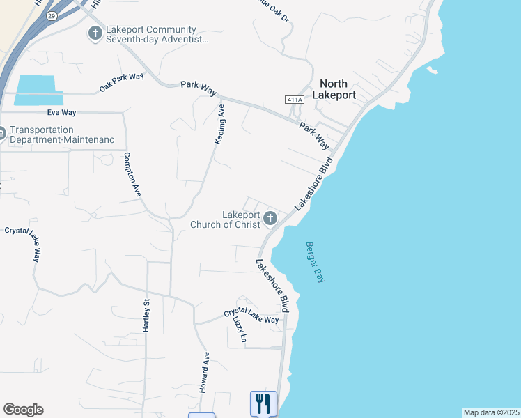 map of restaurants, bars, coffee shops, grocery stores, and more near 3075 Lakeshore Boulevard in Lakeport