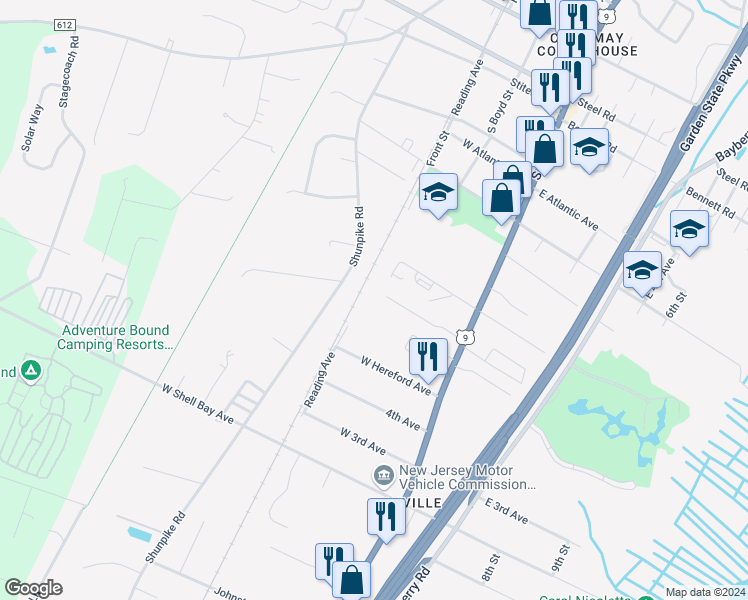 map of restaurants, bars, coffee shops, grocery stores, and more near 195 Lee Lane in Middle Township