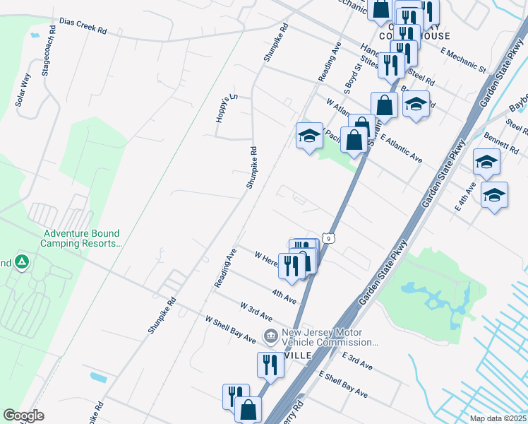 map of restaurants, bars, coffee shops, grocery stores, and more near 195 Lee Lane in Middle Township