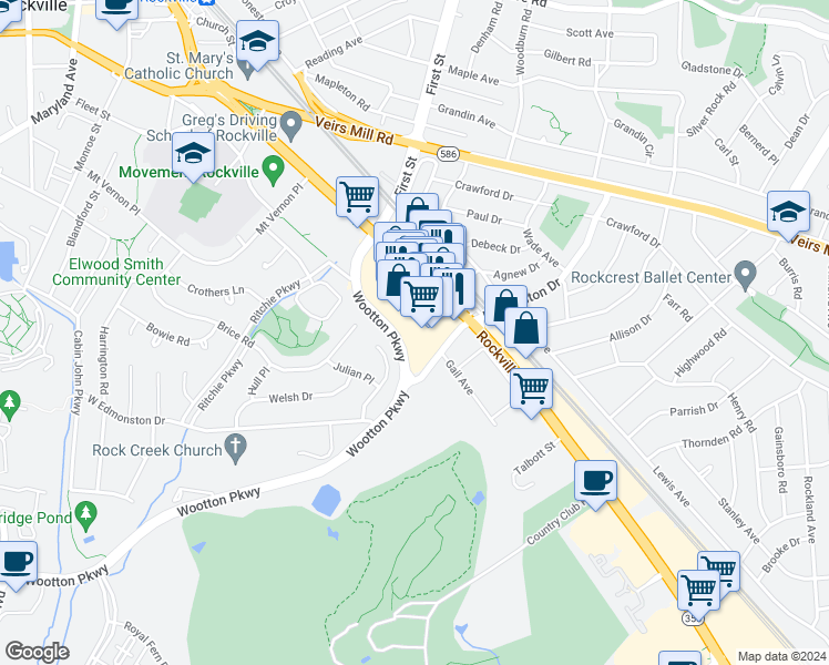 map of restaurants, bars, coffee shops, grocery stores, and more near 845 Rockville Pike in Rockville