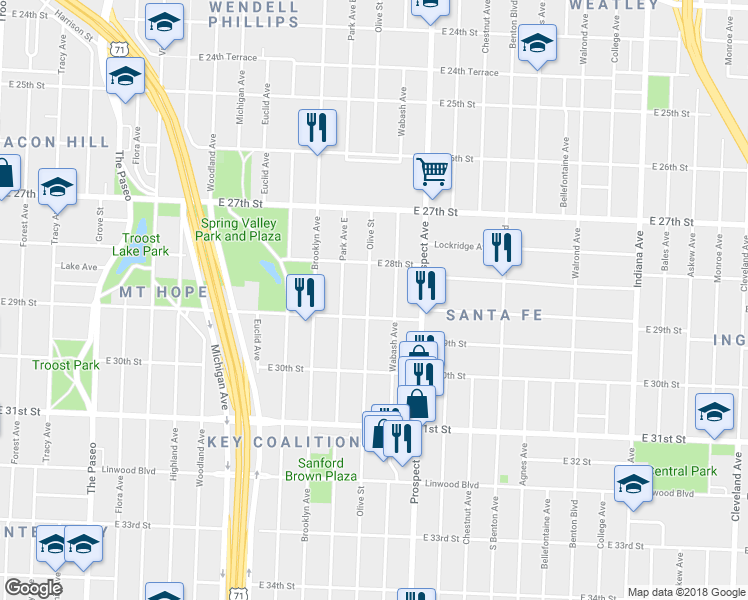 map of restaurants, bars, coffee shops, grocery stores, and more near 2833 Olive Street in Kansas City