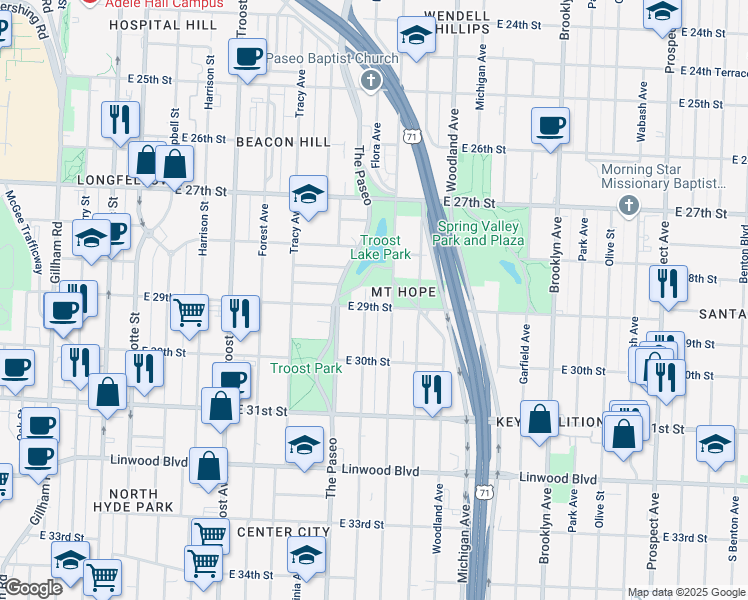 map of restaurants, bars, coffee shops, grocery stores, and more near 1500 East 29th Street in Kansas City