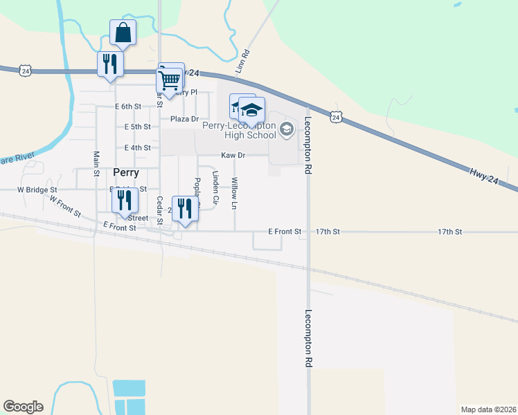 map of restaurants, bars, coffee shops, grocery stores, and more near 902 East Front Street in Perry